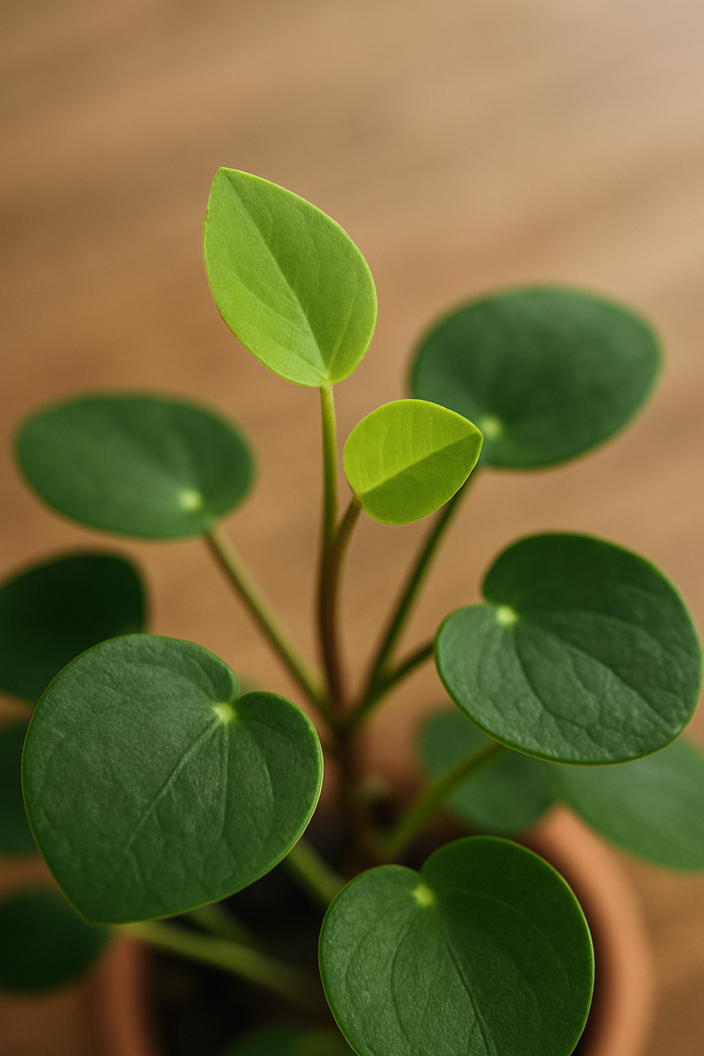 Close-up van een Pilea met jonge, lichtgroene blaadjes tussen volwassen bladeren, passend bij actieve groei en opname van voedingsstoffen
